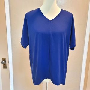Worthington V-Neck Tunic Blouse Navy Small Petite Short Sleeve NWT